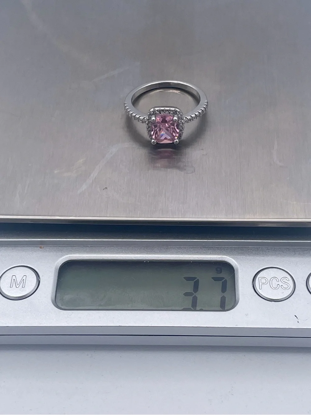 925 Sterling Silver Pink Cushion Cut CZ Halo Ring Cubic Zirconia Pave Band sz 8